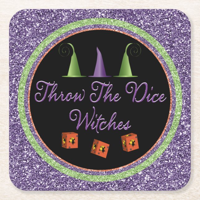 Throw The Dice Witches Halloween Sparkle Bunco Square Paper Coaster (Front)