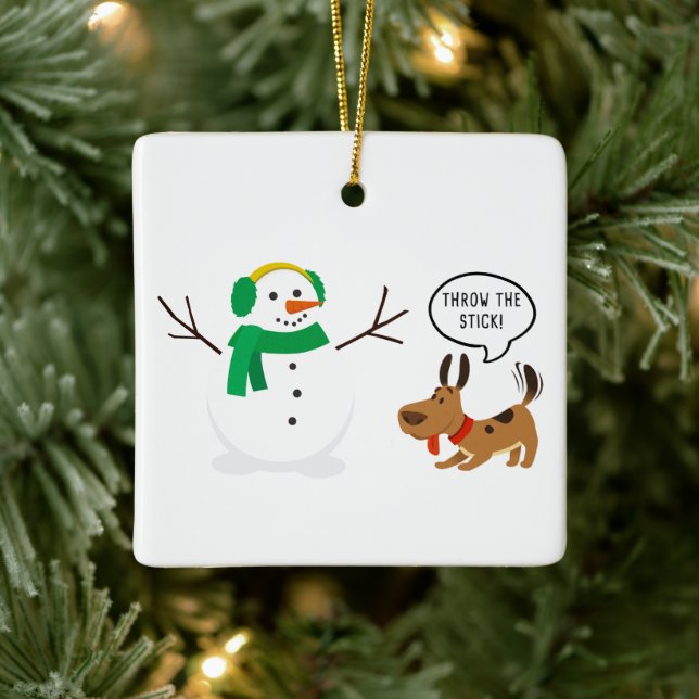 Throw The Stick Snowman & Dog Cute Funny Christmas Ceramic Ornament (Tree)
