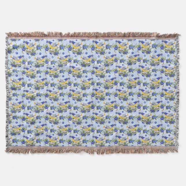 Throw Whimsical Bird & Blueberries Blue Yellow (Front)