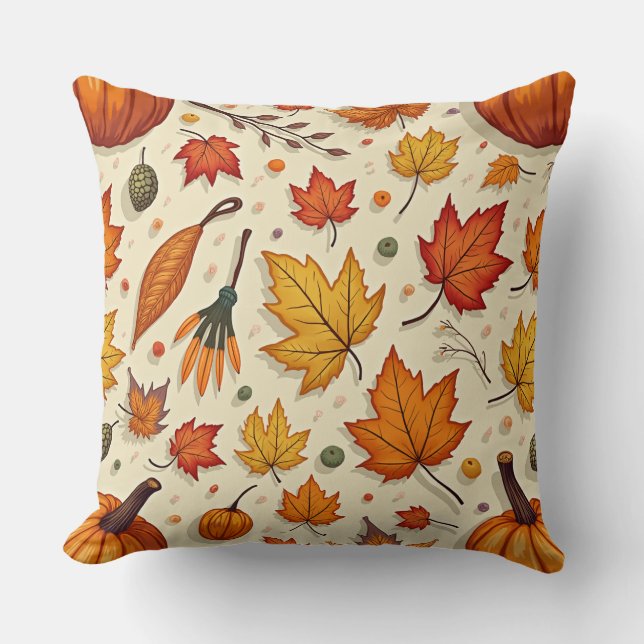 Throwing pillows with autumn leaves and pumpkins (Front)