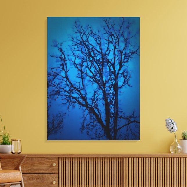 Thru The Glass, Weeping Tree Blue Abstract Art Canvas Print (Insitu(LivingRoom))