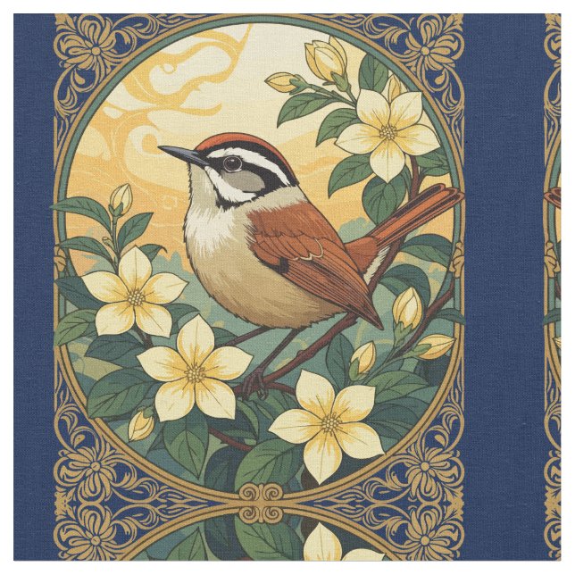Thryothorus Bird Amongst Yellow Jasmine Flowers Fabric (Close Up)