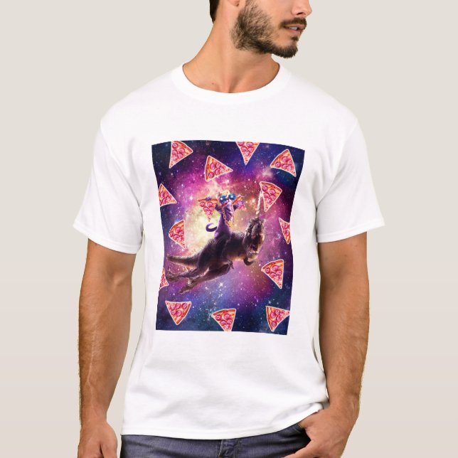 Thug Space Cat On Dinosaur Unicorn - Pizza T-Shirt (Front)