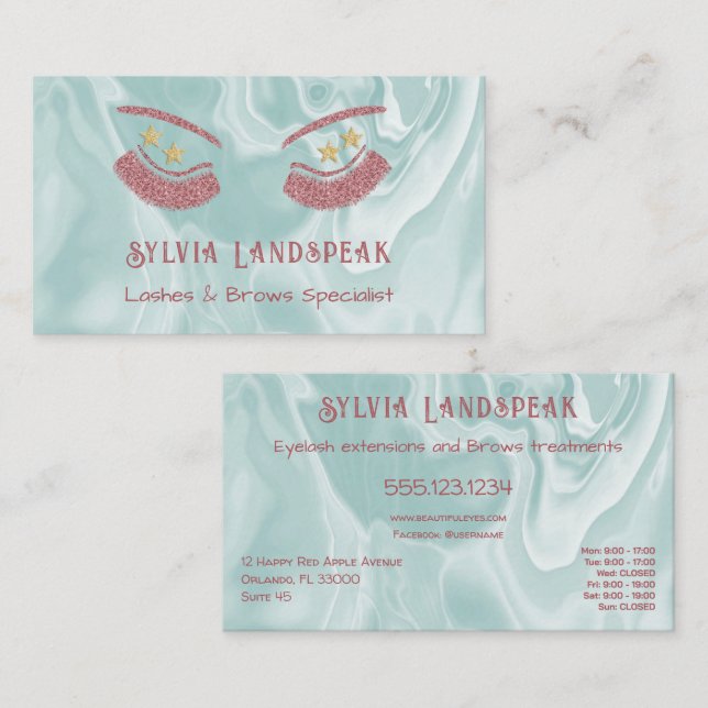 Thulian Pink Glitter Eyelashes & Pale Teal Marble Business Card (Front/Back)