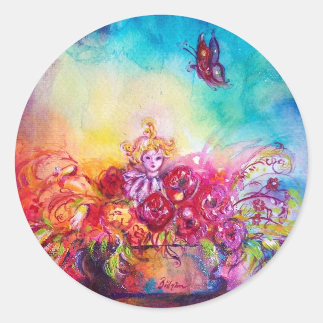 THUMBELINA,FLOWER BASKET AND BUTTERFLY CLASSIC ROUND STICKER (Front)