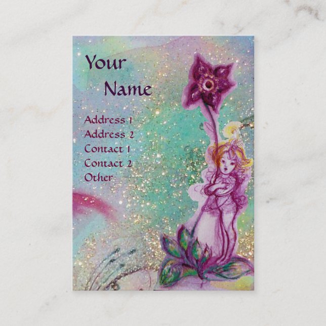 THUMBELINA ,PURPLE FLOWER IN BLUE TEAL SPARKLES BUSINESS CARD (Front)