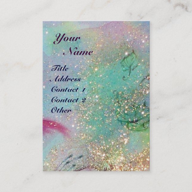 THUMBELINA SLEEPING BETWEEN ROSE LEAVES BUSINESS CARD (Front)