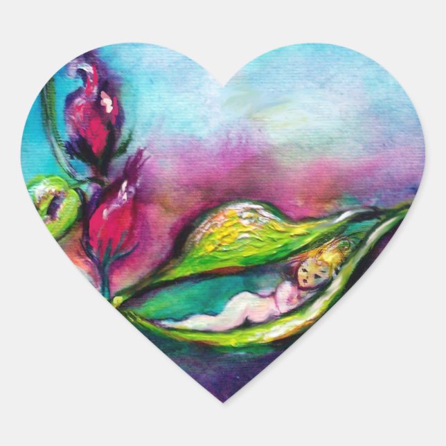 THUMBELINA SLEEPING BETWEEN ROSE LEAVES HEART STICKER (Front)