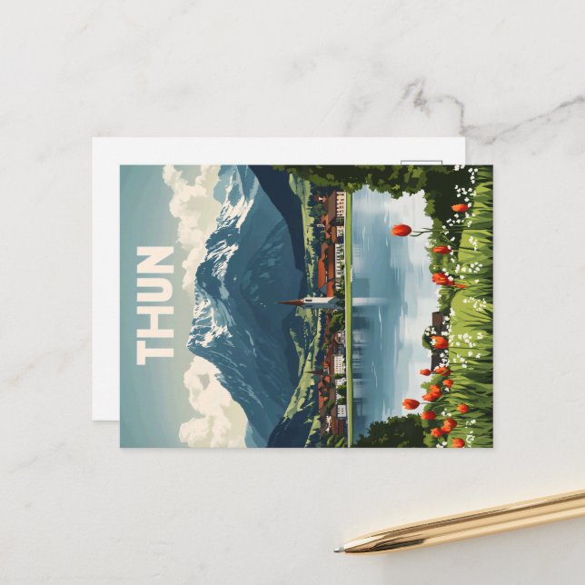 Thun Switzerland Vintage Travel Poster Postcard (Front/Back In Situ)