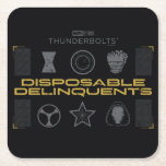 Thunderbolts* | Disposable Delinquents Square Paper Coaster<br><div class="desc">Bring a tactical, underground vibe to your apparel and accessories with the "Disposable Delinquents" team roster. This design features a clean yet gritty arrangement of the squad's signature symbols, from Bucky’s star to Ghost’s mask. The high-contrast black, silver, and gold palette makes it a striking piece for any fan’s collection,...</div>