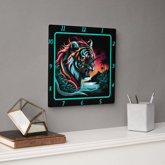 Thunderous Neon Tiger Majesty Square Wall Clock (Office)