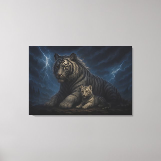 Thunderstorm Guardian White Tiger & Cub – Fantasy  Canvas Print (Front)