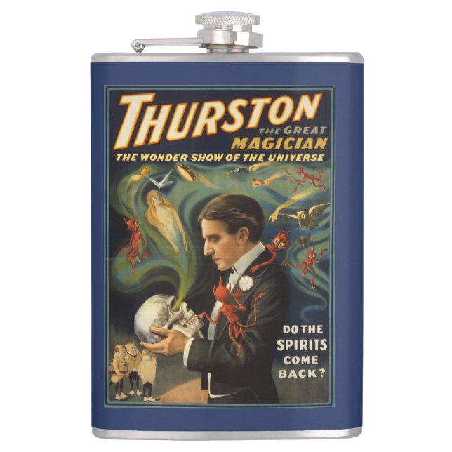Thurston the Great Magician Holding Skull Magic Hip Flask (Front)