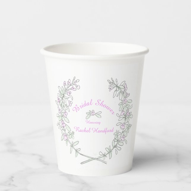 Thyme flower wreath bridal shower green grey pink paper cups (Front)