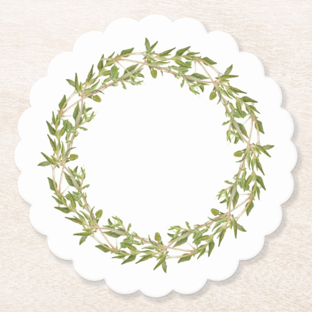 THYME WREATH Scalloped Round Paper Coasters (Front)