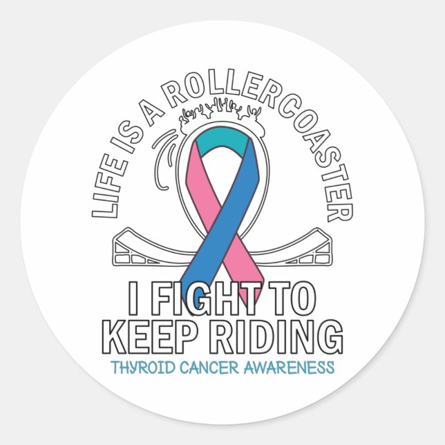 Thyroid cancer awareness pink teal blue ribbon classic round sticker (Front)