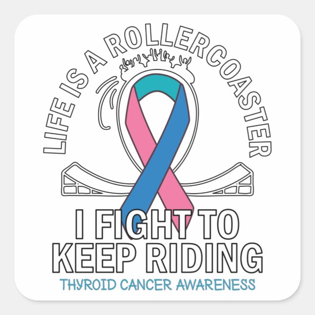 Thyroid cancer awareness pink teal blue ribbon square sticker (Front)