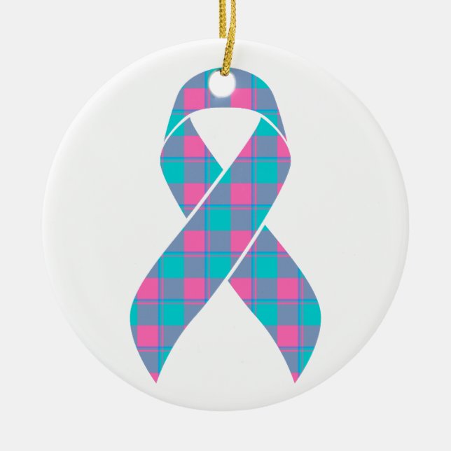 Thyroid Cancer Awareness Plaid Teal Ribbon Ceramic Tree Decoration (Front)