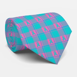 Thyroid Cancer Awareness Plaid Teal Ribbon Tie