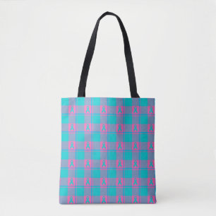Thyroid Cancer Awareness Plaid Teal Ribbon Tote Bag