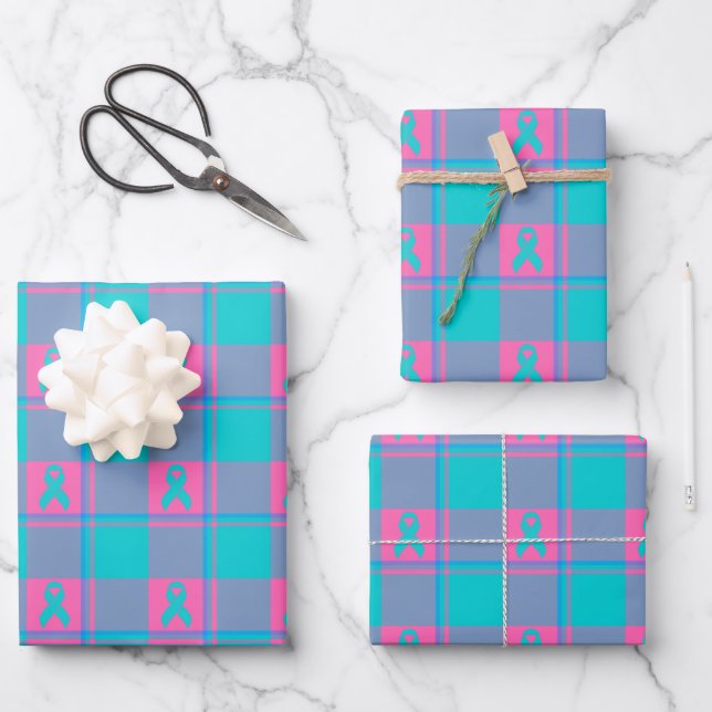 Thyroid Cancer Awareness Plaid Teal Ribbon Wrapping Paper Sheet (Front)