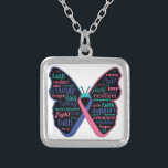 Thyroid Cancer Butterfly Collage of Words Silver Plated Necklace<br><div class="desc">Makes an ideal gift for a cancer survivor in your life and perfect for your next awareness walk,  support group event,  etc.</div>