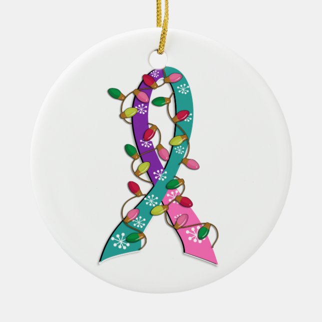 Thyroid Cancer Christmas Lights Ribbon Ceramic Tree Decoration (Front)