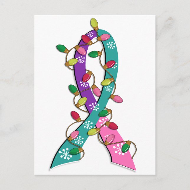 Thyroid Cancer Christmas Lights Ribbon Holiday Postcard (Front)