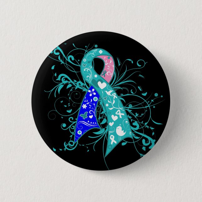 Thyroid Cancer Floral Swirls Ribbon 6 Cm Round Badge (Front)