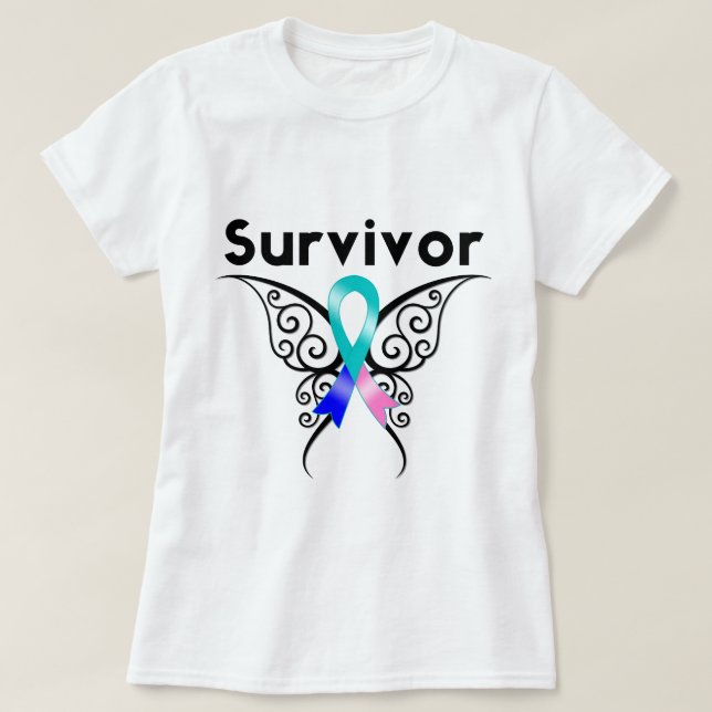 Thyroid Cancer Survivor Tribal Butterfly T-Shirt (Design Front)