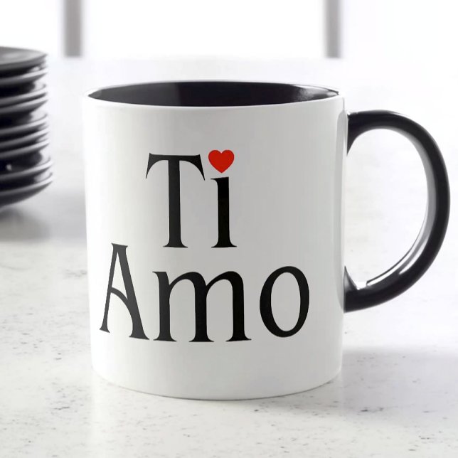 Ti Amo White Mug with Black Handle & Heart Detail (Ti Amo Mug with red heart detail - Italian Valentine's Day gift)