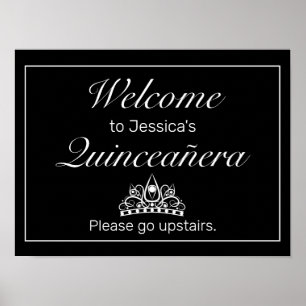 Tiara Black Minimalist Quinceanera Welcome Sign