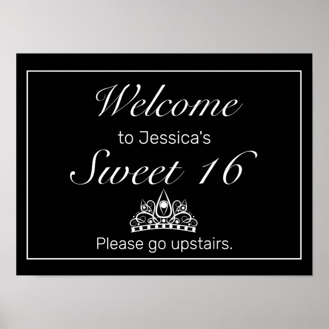 Tiara Black Minimalist Sweet 16 Welcome Sign (Front)