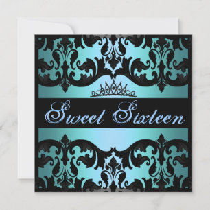 Tiara Blue Sweet16 Damask Birthday Invite