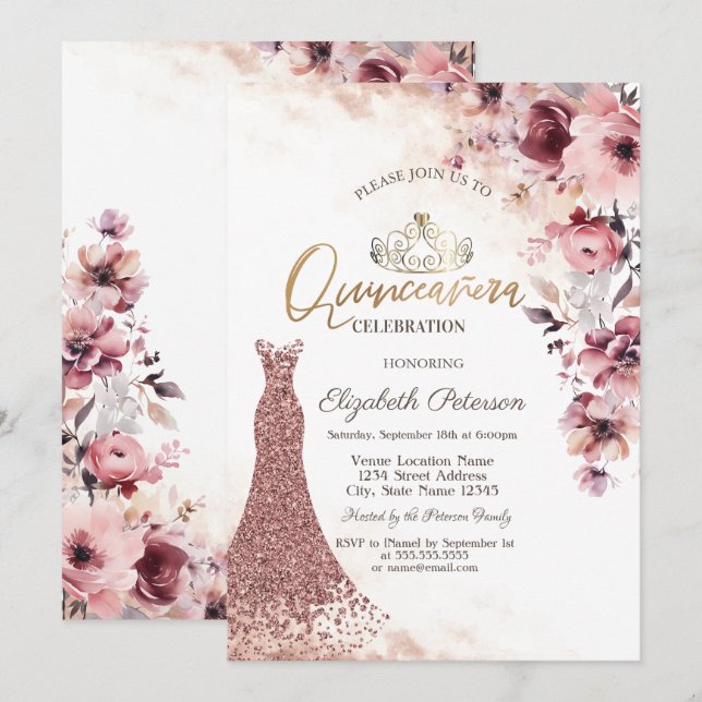 Tiara Blush Pink Roses Diamonds Dress Quinceañera  Invitation (Front/Back)