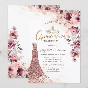 Tiara Blush Pink Roses Diamonds Dress Quinceañera Invitation