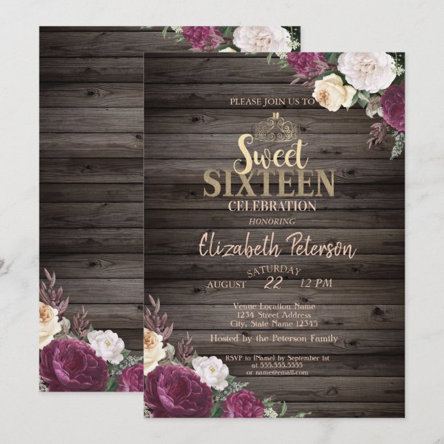Tiara,Burgundy Flowers Wood Rustic Sweet 16 Party Invitation (Front/Back)