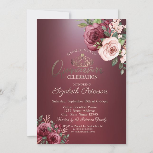 Tiara, Burgundy Roses Flowers Quinceañera Invitation (Front)