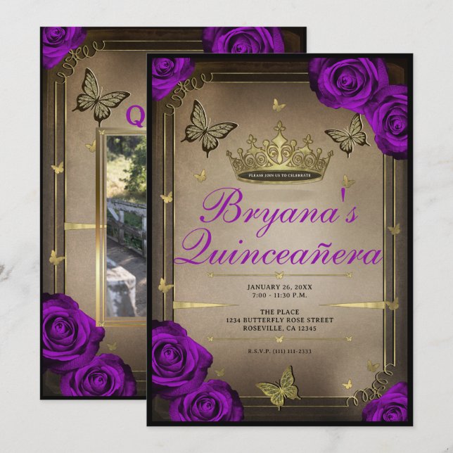Tiara Butterflies Bright Purple Roses Quinceañera  Invitation (Front/Back)