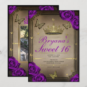 Tiara Butterflies Bright Purple Roses Sweet 16  Invitation
