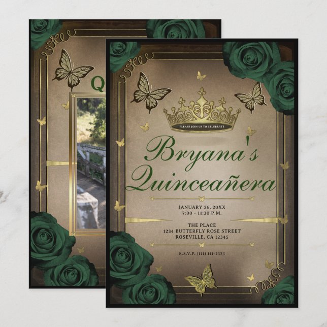 Tiara Butterflies Emerald Green Roses Quinceañera  Invitation (Front/Back)
