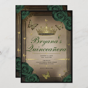Tiara Butterflies Emerald Green Roses Quinceañera  Invitation