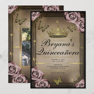 Tiara Butterflies Pale Pink Roses Quinceañera  Invitation