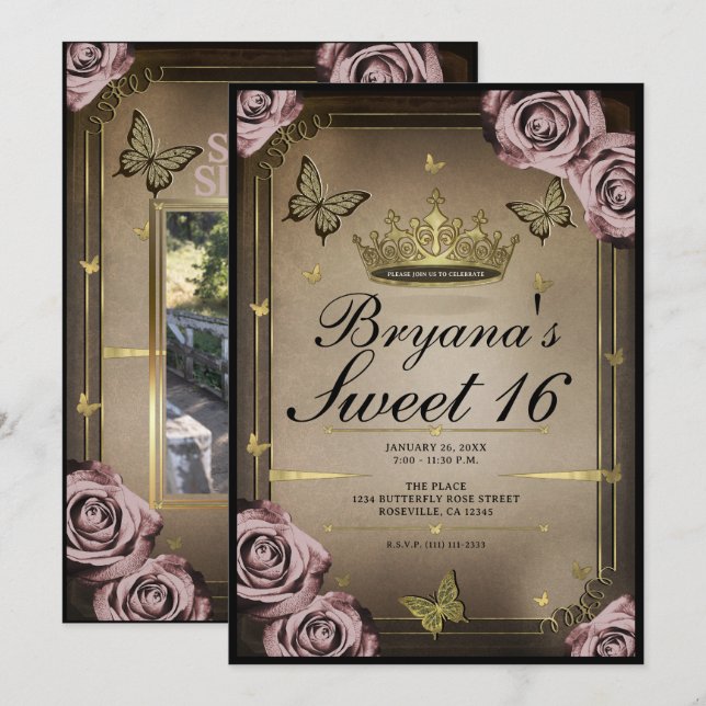 Tiara Butterflies Pale Pink Roses Sweet 16 Photo Invitation (Front/Back)