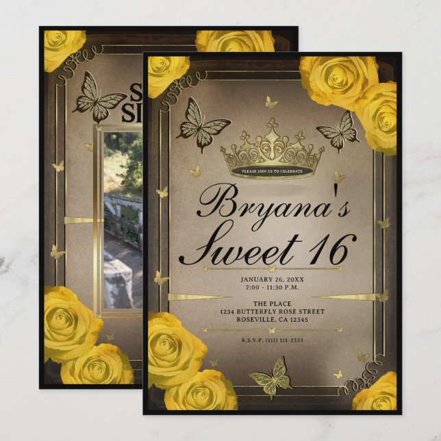 Tiara Butterflies Yellow Roses Sweet 16  Invitation (Front/Back)