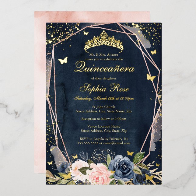 Tiara Butterfly Floral Navy Pink Quinceanera (Front/Back)