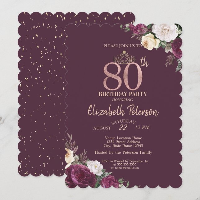 Tiara,Confetti Burgundy Floral 80th Birthday Invitation (Front/Back)
