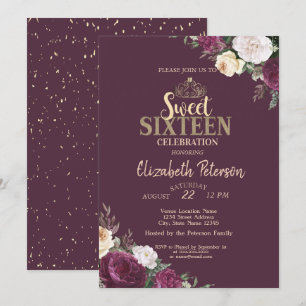 Tiara,Confetti Burgundy Floral Sweet 16 Party Invitation