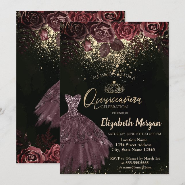 Tiara, Confetti Burgundy Flowers Dress Quinceañera Invitation (Front/Back)