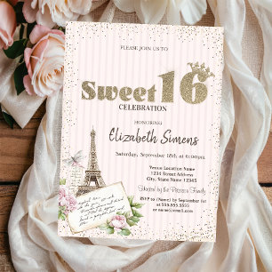 Tiara,Confetti,Eiffel Tower Roses Striped Sweet 16 Invitation